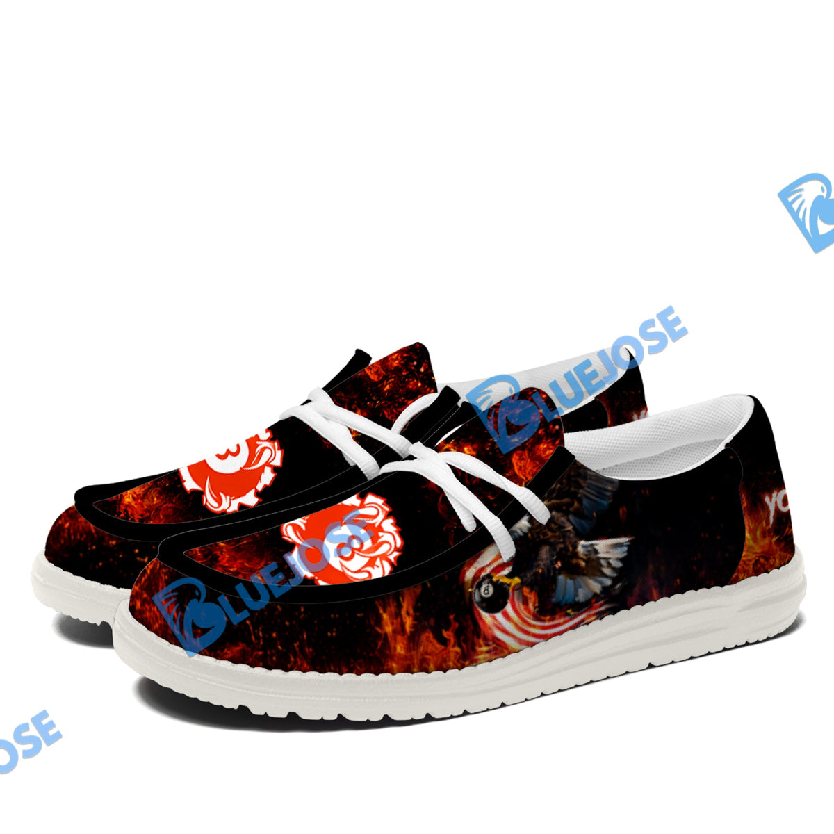 BlueJose Billiard 8 Ball Eagle Fire Flame White Canvas Loafer Shoes ( 4 Colors )