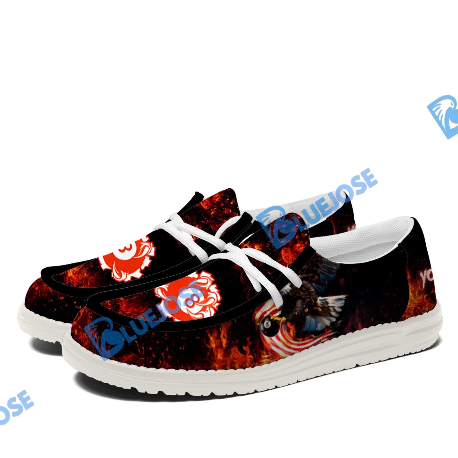 BlueJose Billiard 8 Ball Eagle Fire Flame White Canvas Loafer Shoes ( 4 Colors )