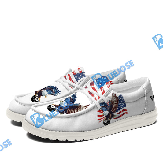 BlueJose Billiards 8 Ball Eagle US Flag Retro White Canvas Loafer Shoes