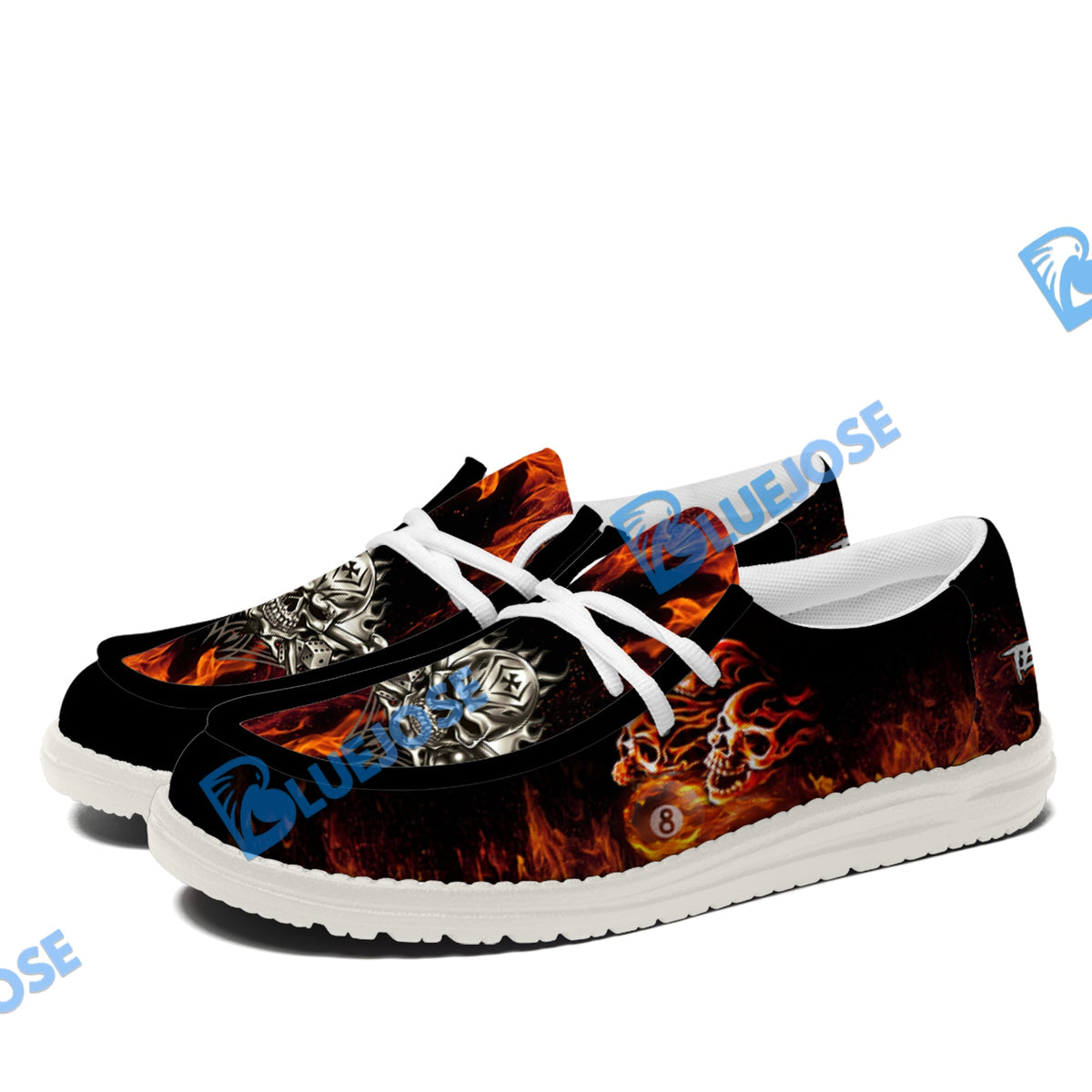 BlueJose Billiards 8 Ball Fusion Skulls White Canvas Loafer Shoes (4 Colors)