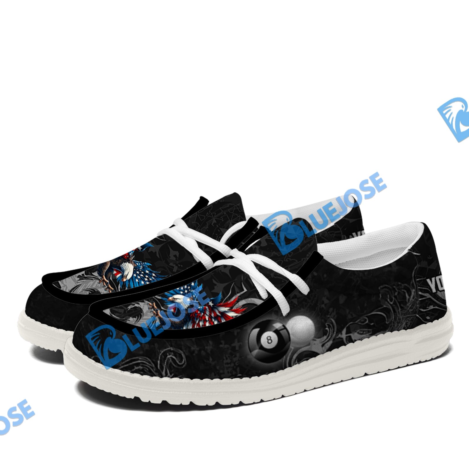 BlueJose Billiards 8 Ball Almighty American Eagle White Canvas Loafer Shoes (4 Colors)