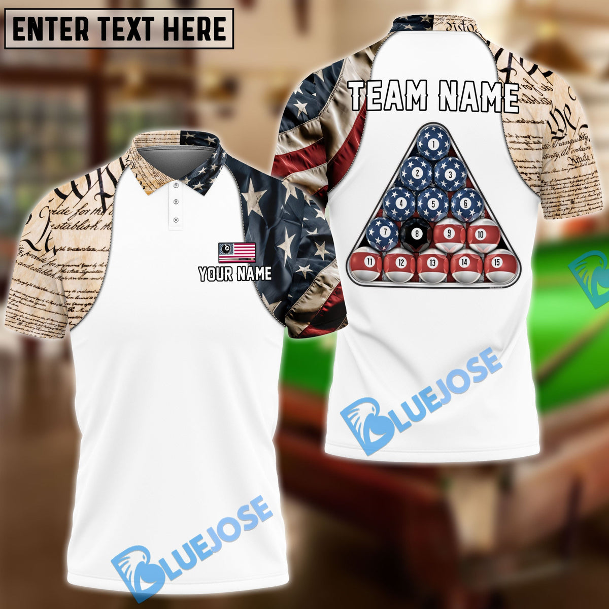 BlueJose Billiards Ball 8 Patriot American Flag Pool Personalized Name &amp; Team Name Shirt