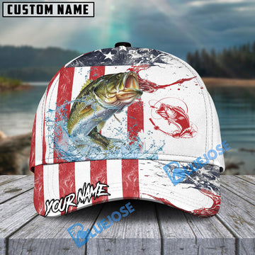 Bluejose Bass Fishing American Flag Red Blue Seawave Personalized Cap