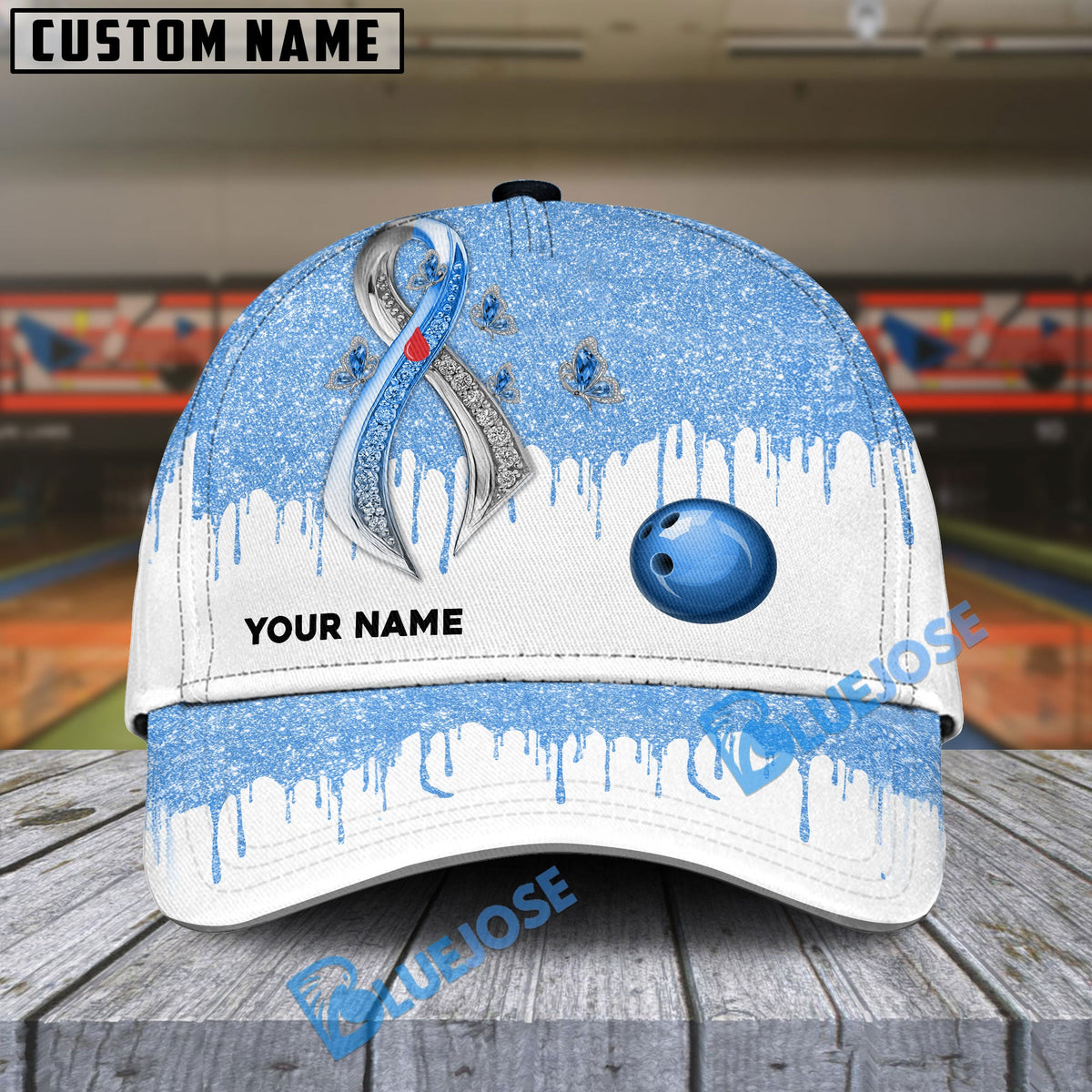 BlueJoses Bowling And Pins Awareness Edition Multicolor Personalized Name Cap
