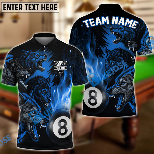 BlueJose Billiards 8-Ball Fire Wolfpack Personalized Name Shirt (4 Colors)
