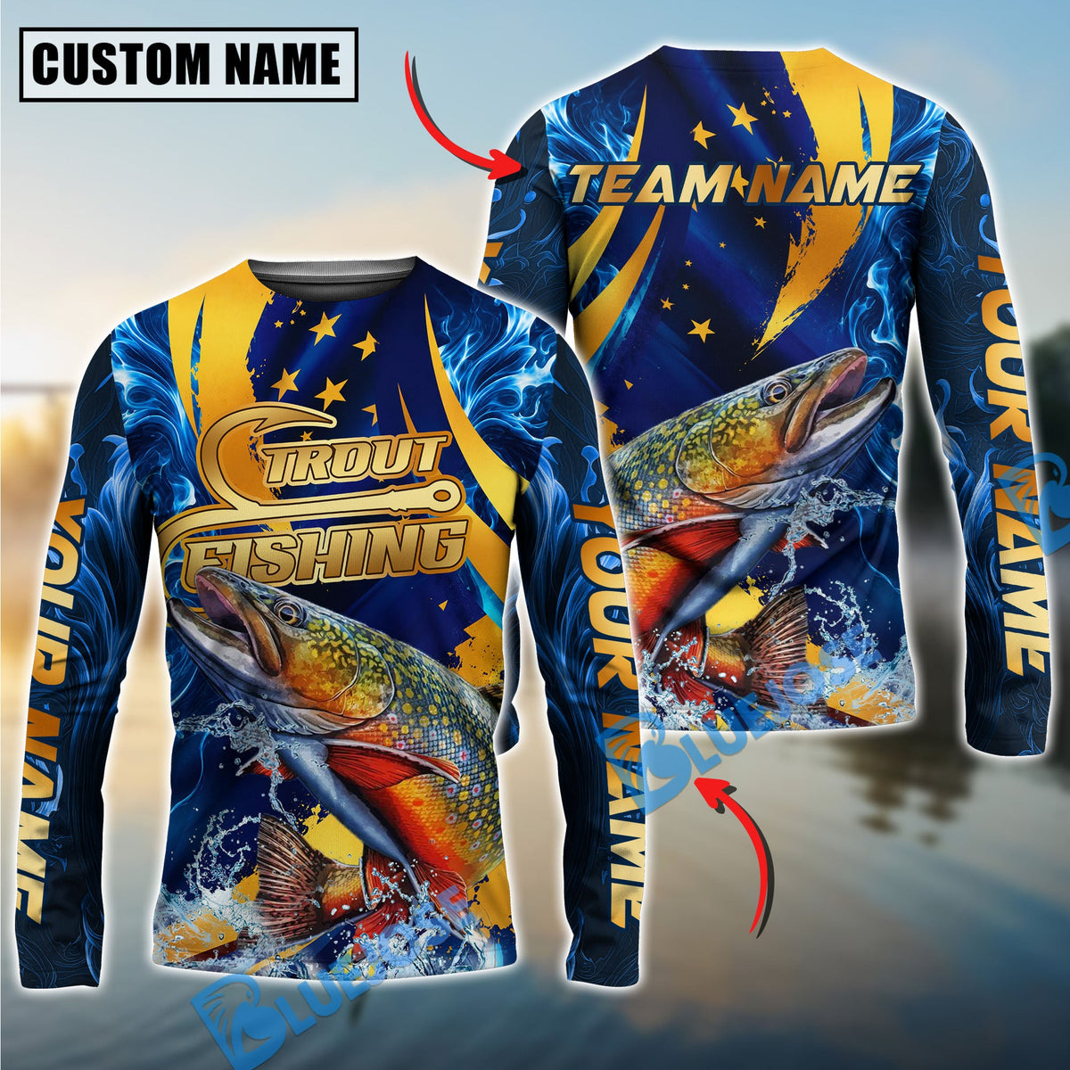 Bluejose Fishing Blue Flame Golden American Flag Custom Name & Team Name 3D Shirts (12 Breeds)