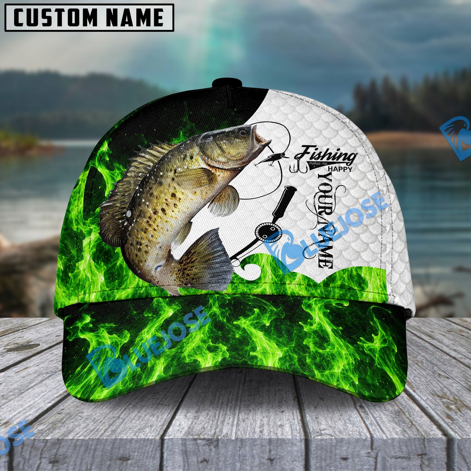 BlueJose Fishing Water Green Flame White Scale Personalized Name Classic 3D Cap (13 Breeds)