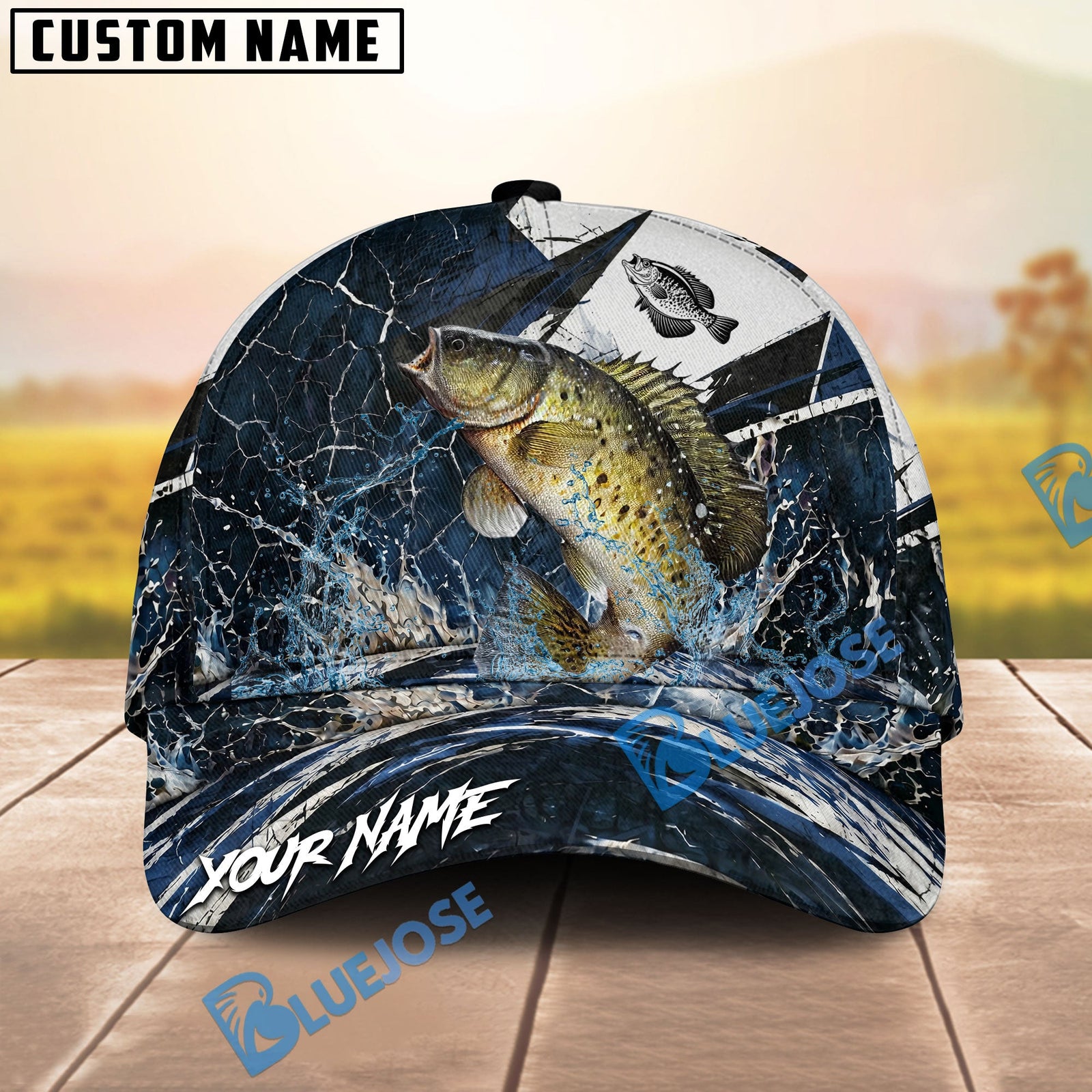 BlueJose Fishing Black White Crack Texture Splash Personalized Name Classic 3D Cap (13 Breeds)