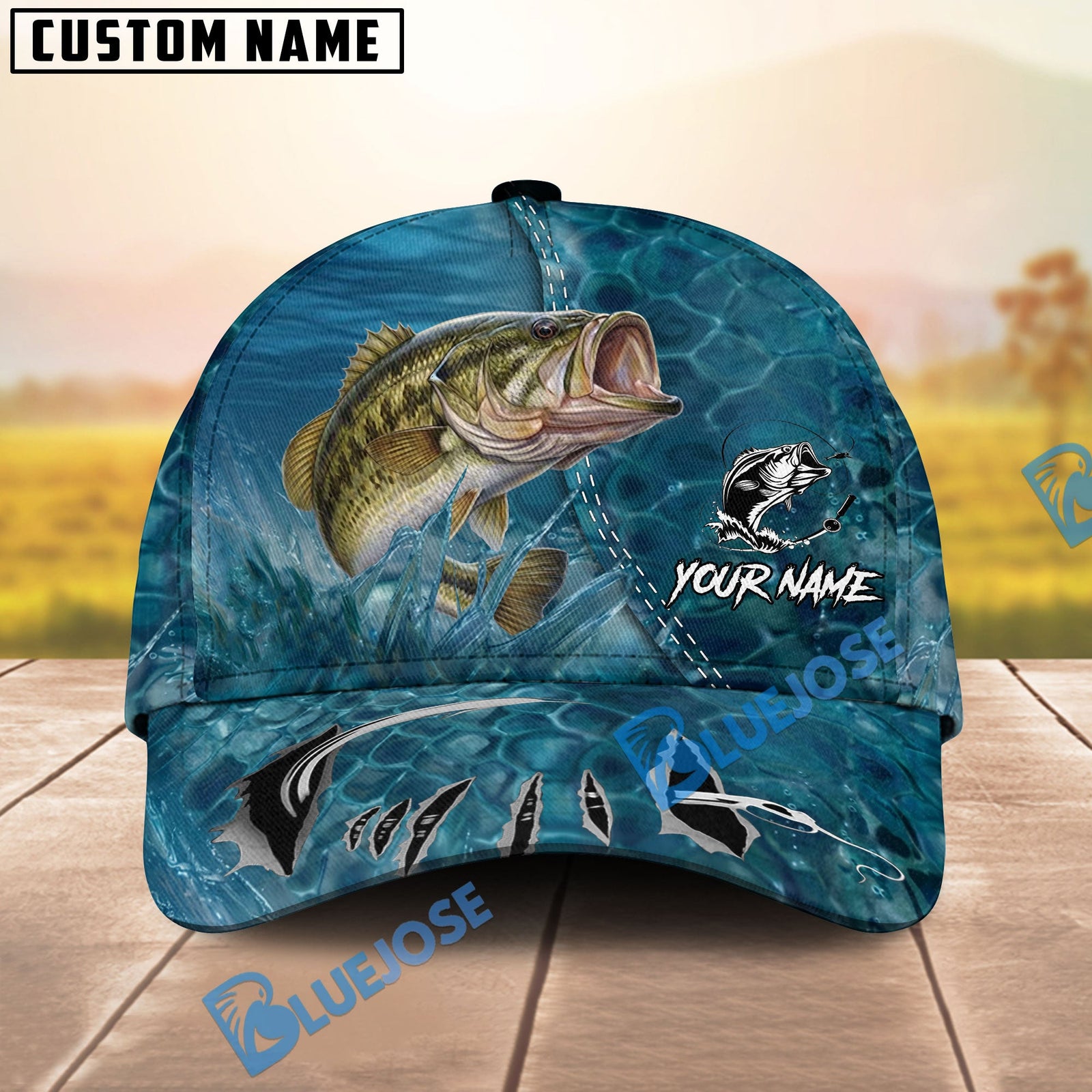 BlueJose Fishing Ocean Blue Underwater Texture Personalized Name Classic 3D Cap (13 Breeds)