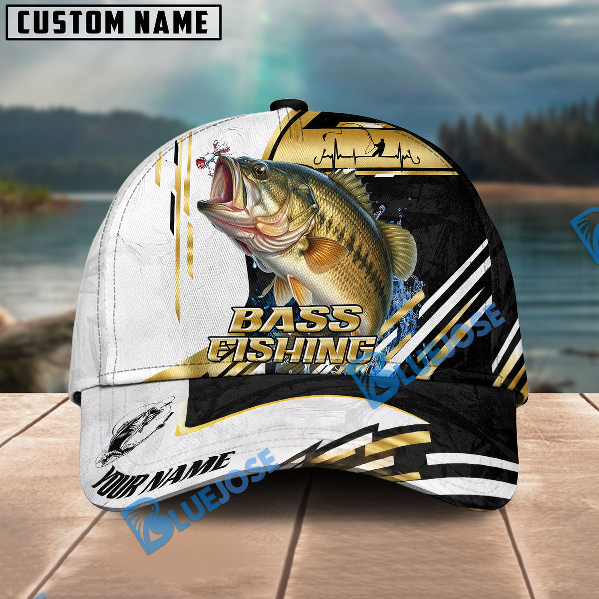 BlueJose Fishing Hook Graphic &amp; Jumping Fish Art Personalized Cap (Tuna, Marlin, Mahi-Mahi, Pike, Bass, Walleye, Trout, Crappie)