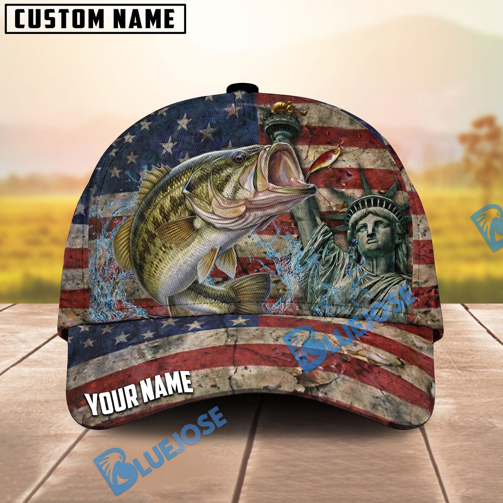 BlueJose Fishing Vintage USA Flag Statue Of Liberty Personalized Name Classic 3D Cap (13 Breeds)