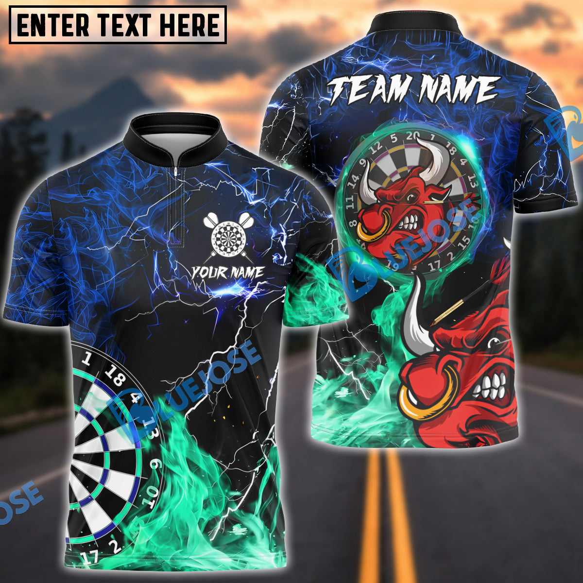 BlueJose Darts Bullseye Flame Thunder Personalized Name, Team Name Shirt (4 Colors)