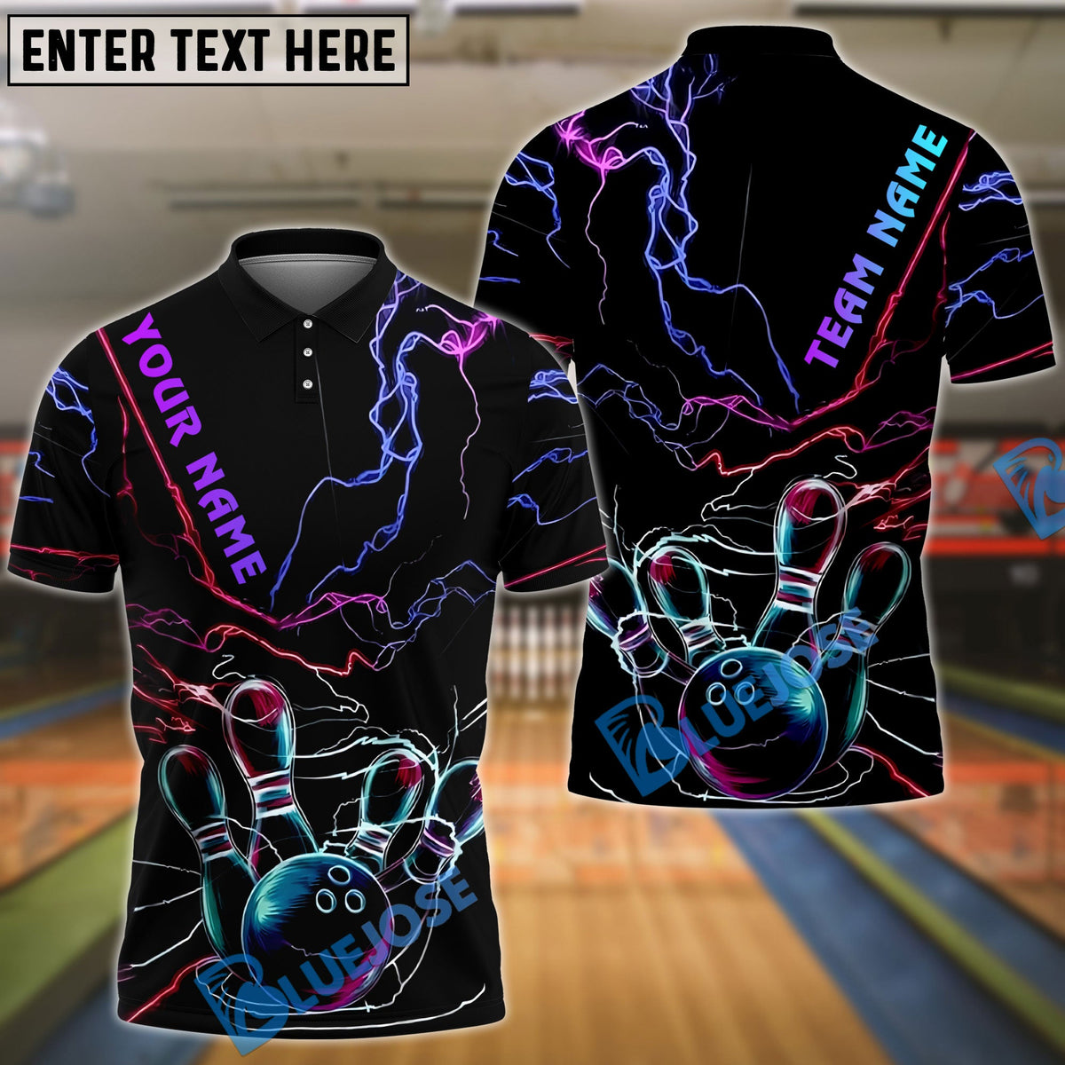 BlueJose Bowling &amp; Pins Neon Thunder Lightning Customized Name, Team Name 3D Shirt (4 Colors)