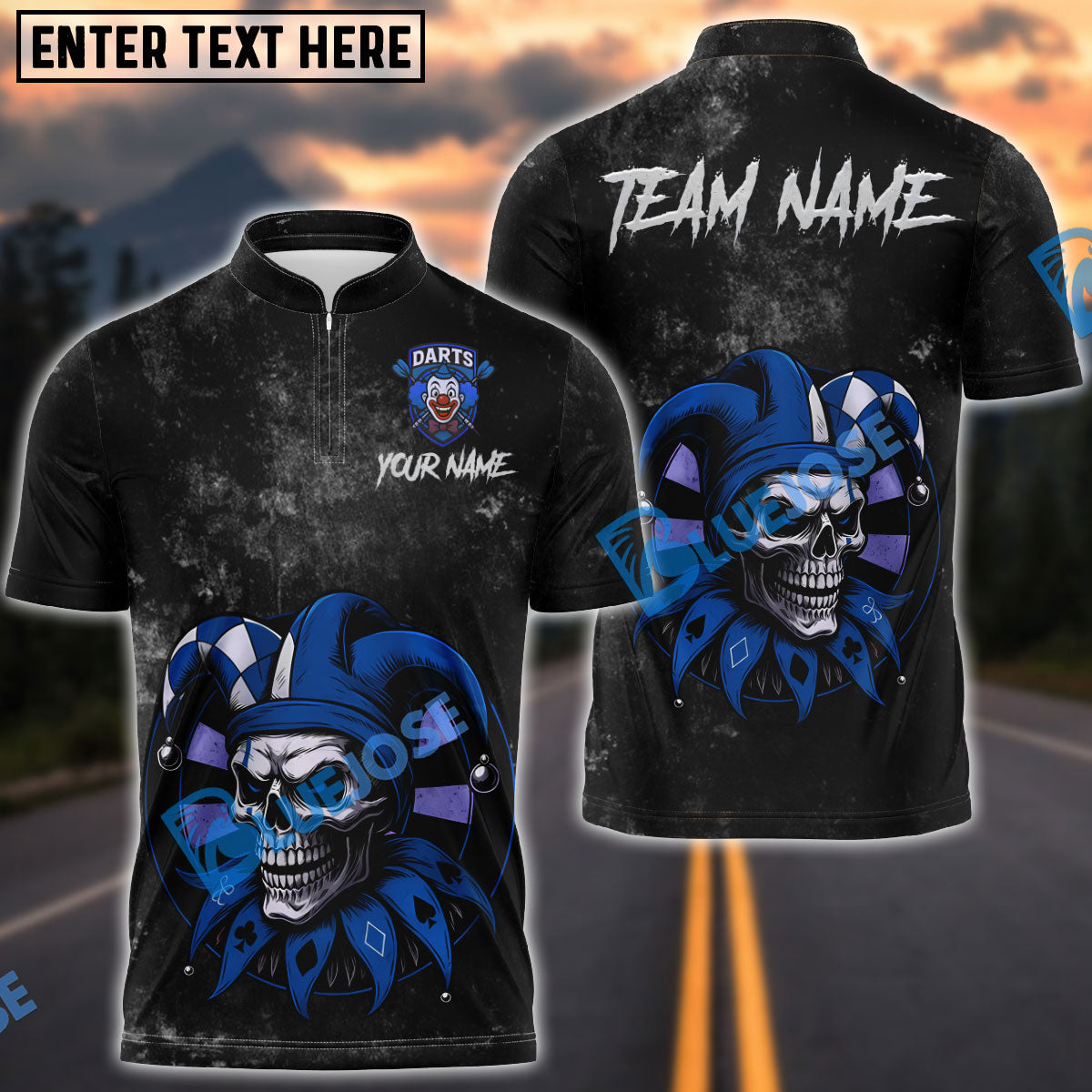 BlueJose Darts Joker Skull Master Personalized Name, Team Name Shirt (4 Colors)