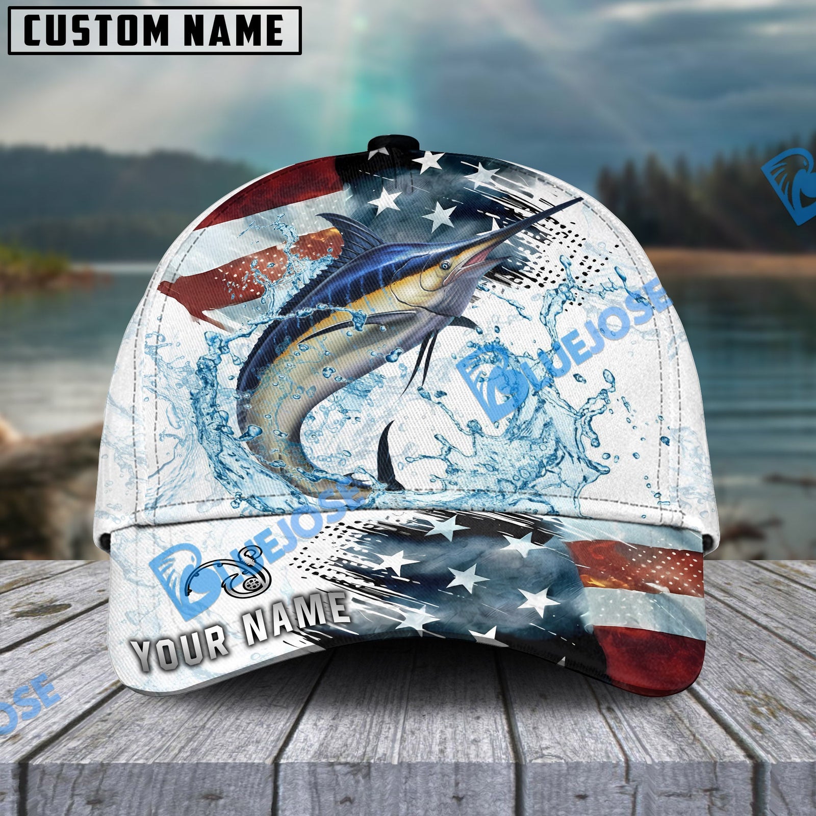 BlueJose Fishing Jump Action American Flag Water Splash Art Personalized Cap (12 Breeds)