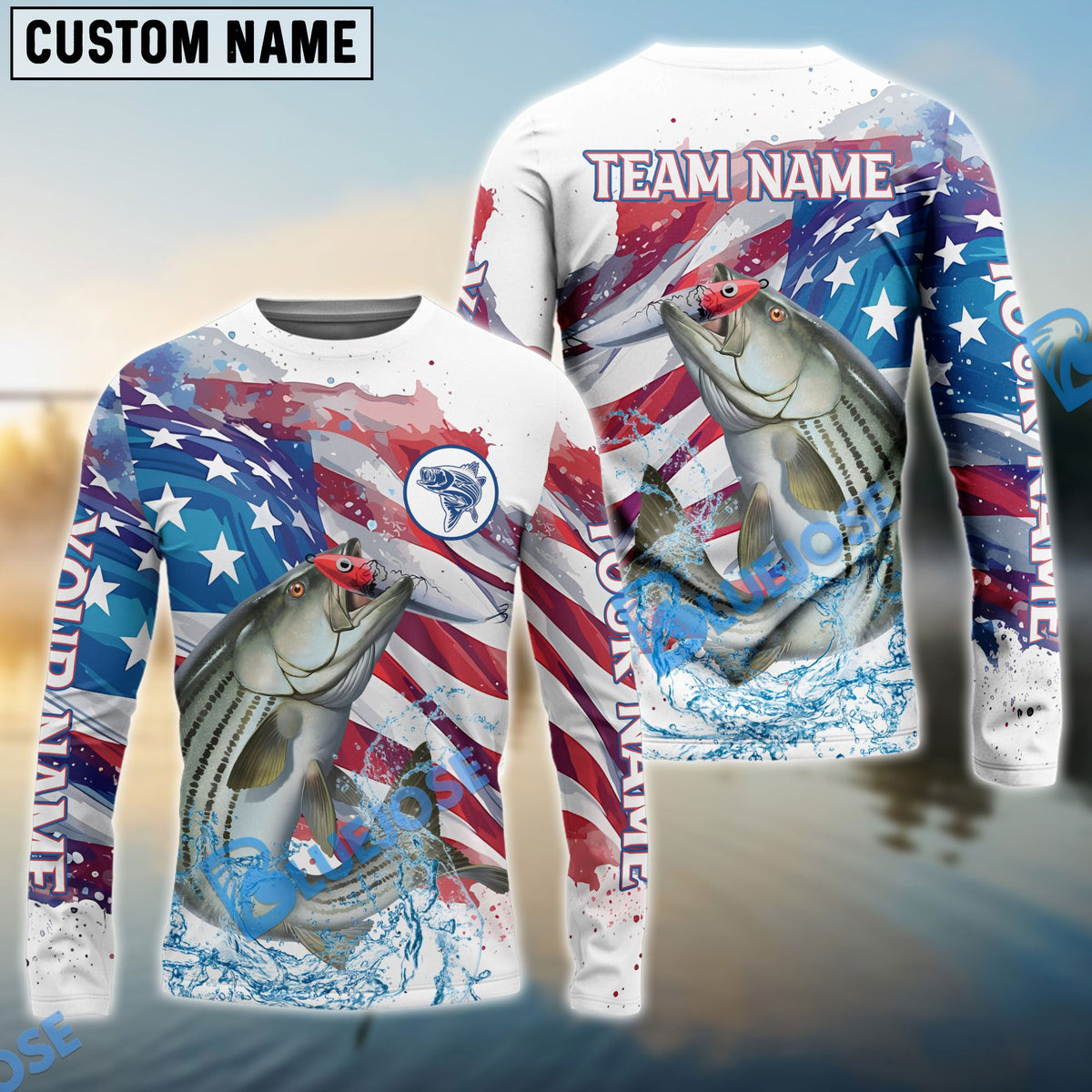 Bluejose Striped Bass Fishing Watercolor USA Flag Custom Name &amp; Team Name Shirts