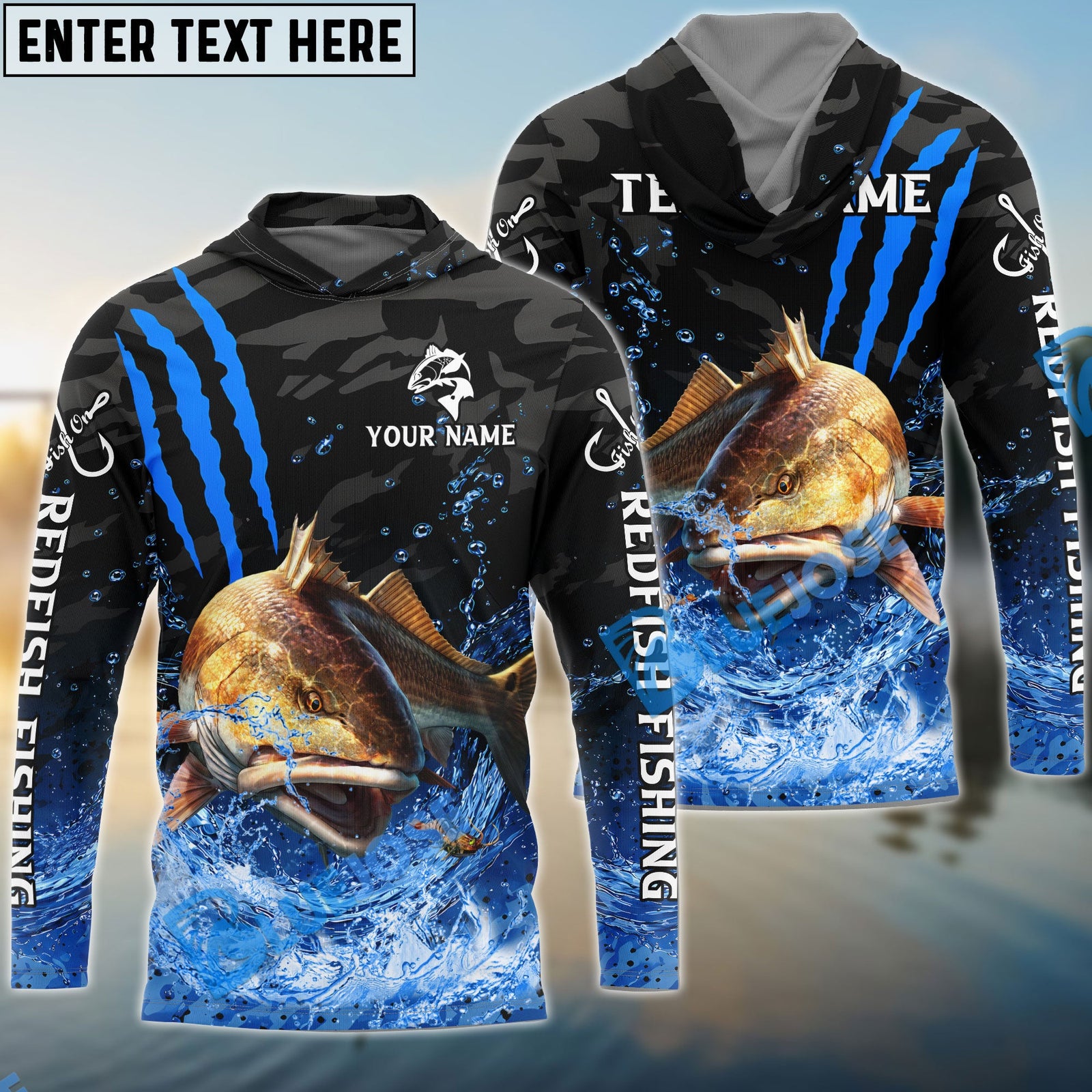 Bluejose Redfish Fishing Blue Scratch Camo Water Splash Custom Name & Team Name 3D Shirts