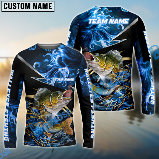Bluejose Walleye Fishing Blue Flame Premium Golden & Silver Line Pattern Custom Name & Team Name 3D Shirts