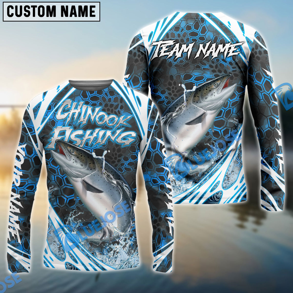 Bluejose Chinook Salmon Fishing Modern Hexagon Water Splash Custom Name &amp; Team Name 3D Shirts