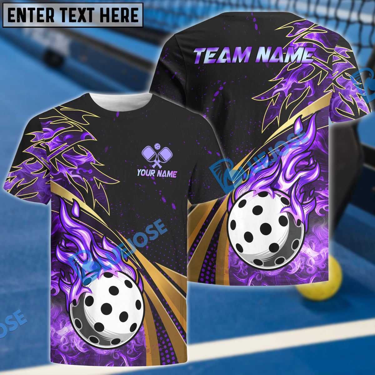 BlueJose Pickleball Ball Fire Golden Line Premium Personalized Name, Team Name Unisex Shirt (4 Colors)