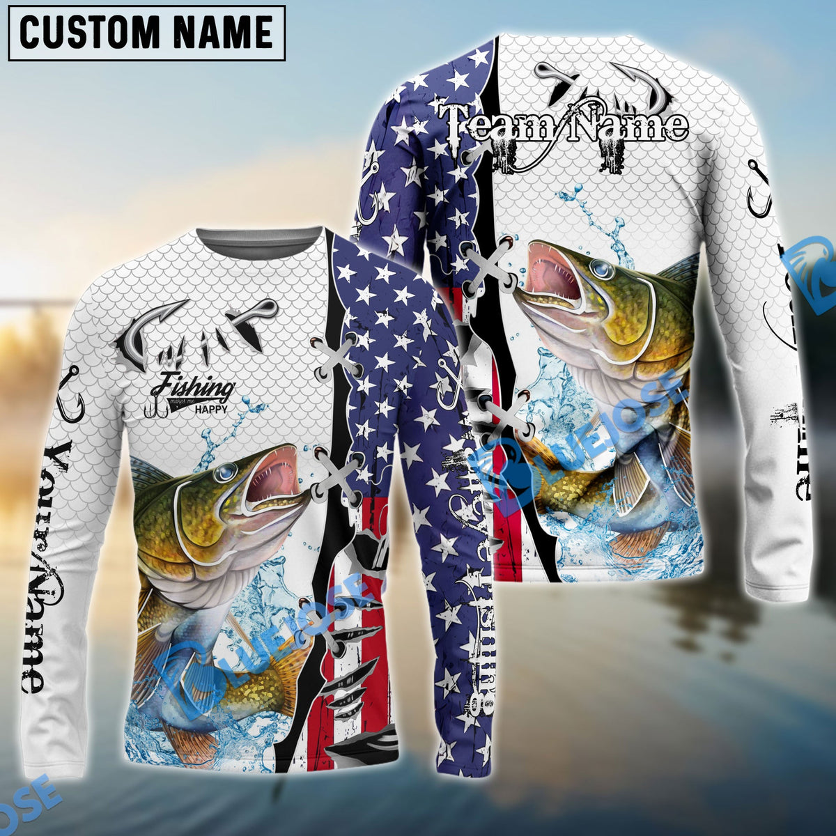 Bluejose Walleye Fishing American Flag Splash Custom Name &amp; Team Name 3D Shirts