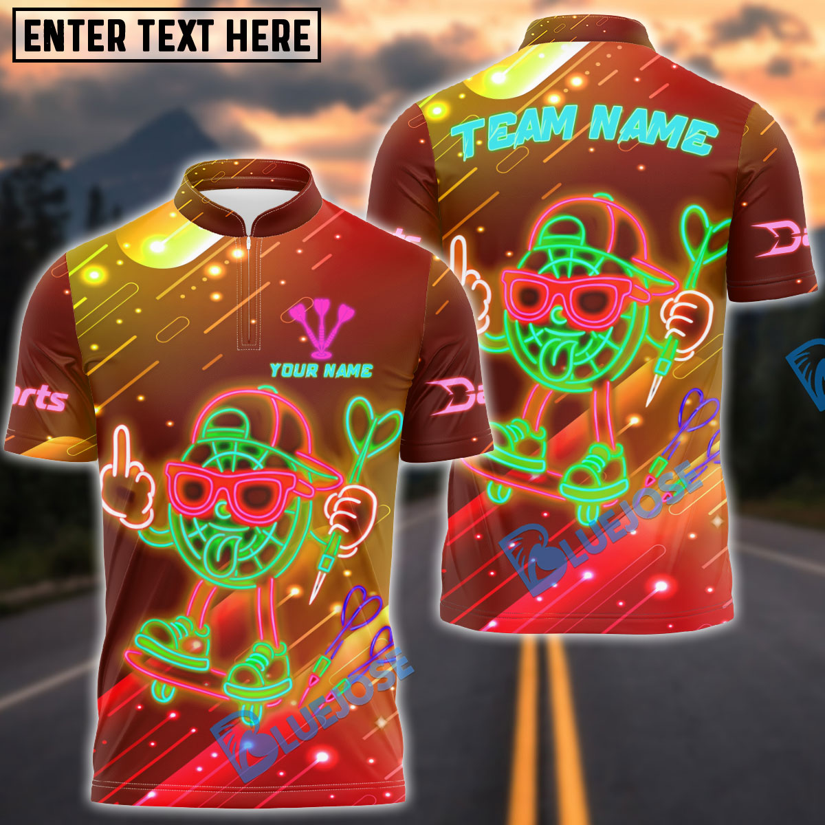 BlueJose Darts Neon Skater Target Cartoon Style Customized Name, Team Name 3D Shirt (4 Colors)