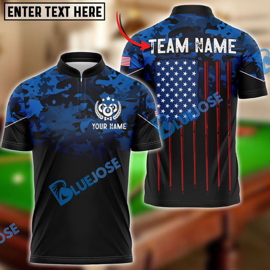 BlueJose Billiard Navy US Flag Pattern Personalized Name, Team Name Unisex Shirt