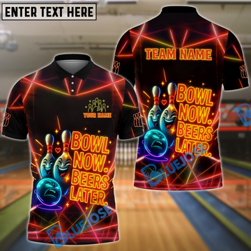 BlueJose Bowling And Pins Neon Now Beers Later Funny Quote Customized Name 3D Shirt (4 Colors)