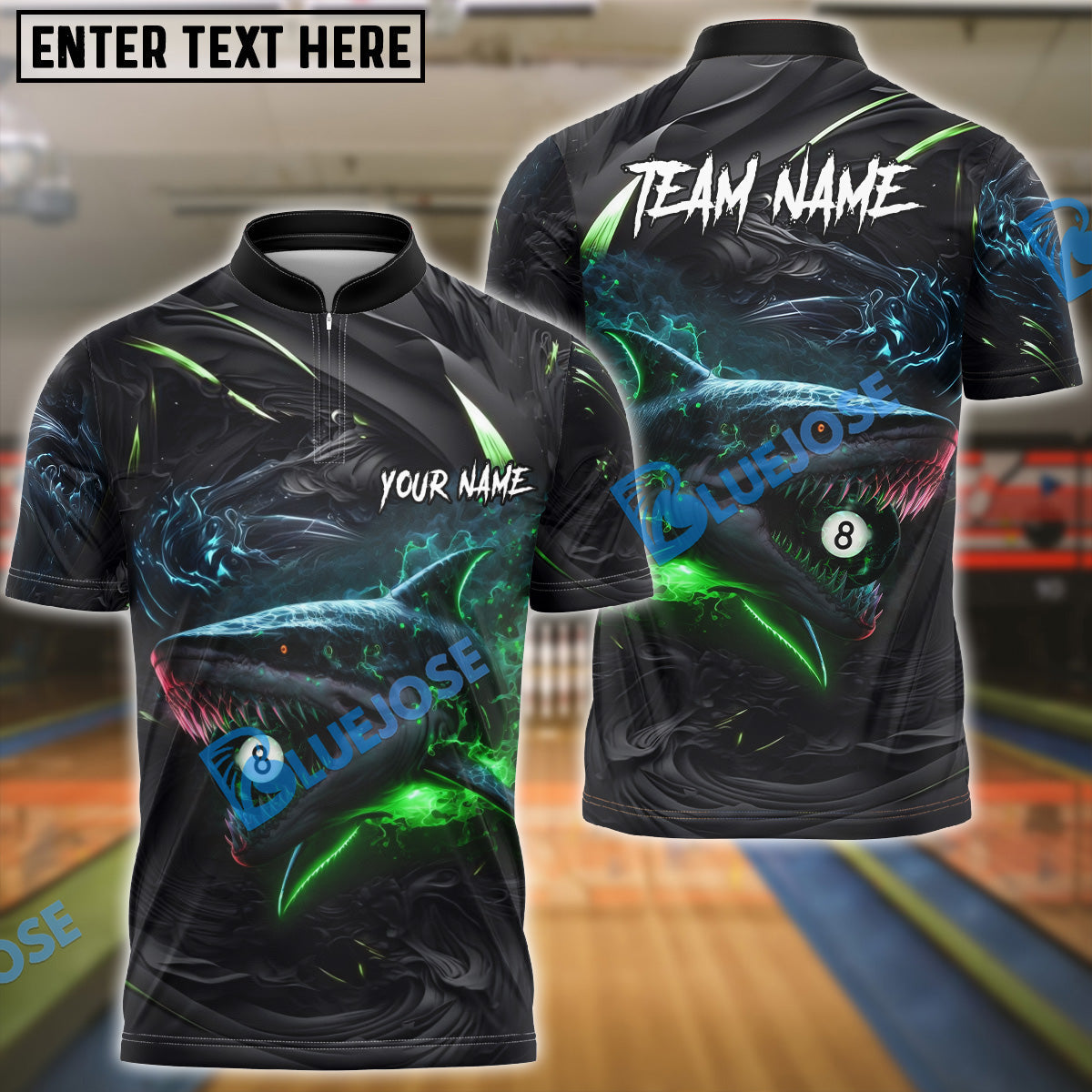 BlueJose Billiards 8 Ball Hell Flame Shark Personalized Name, Team Name Unisex Shirt (4 Colors)