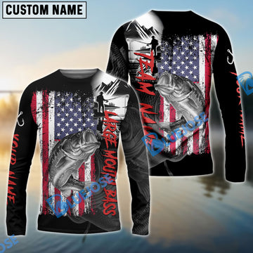 Bluejose Large Mouth Bass Fishing  Black US Flag Sport Custom Name & Team Name 3D Shirts