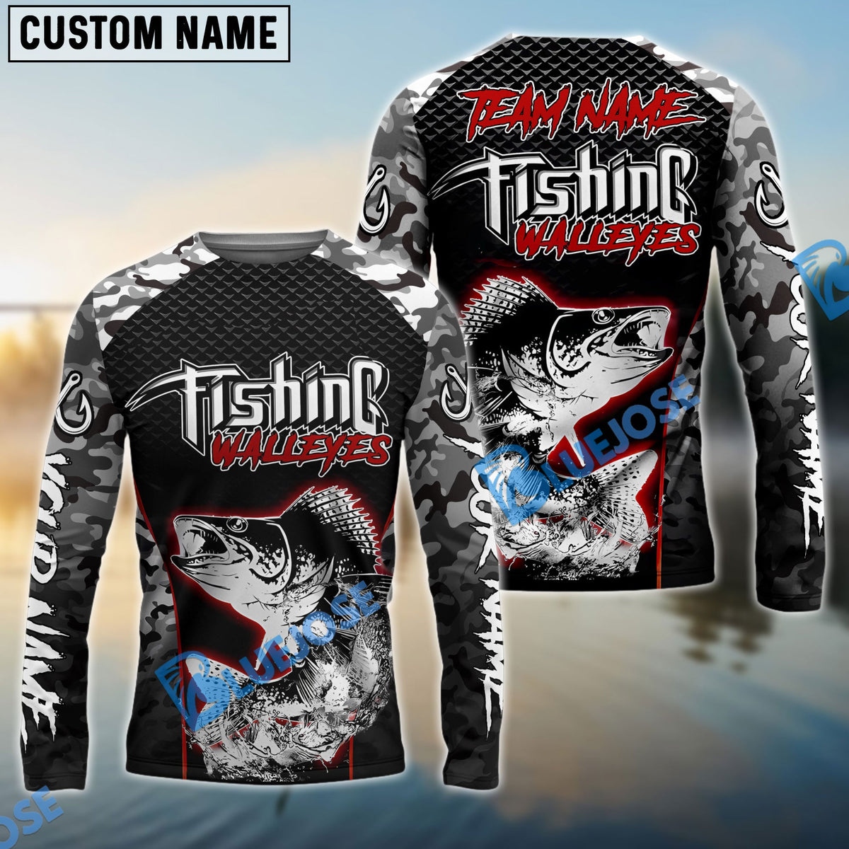 Bluejose Walleye Fishing Aggressive Red Splash Camo Pattern Sport Custom Name &amp; Team Name 3D Shirts