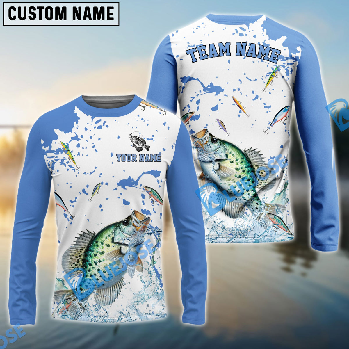 Bluejose Crappie Fishing White Light Blue Custom Name &amp; Team Name 3D Shirts