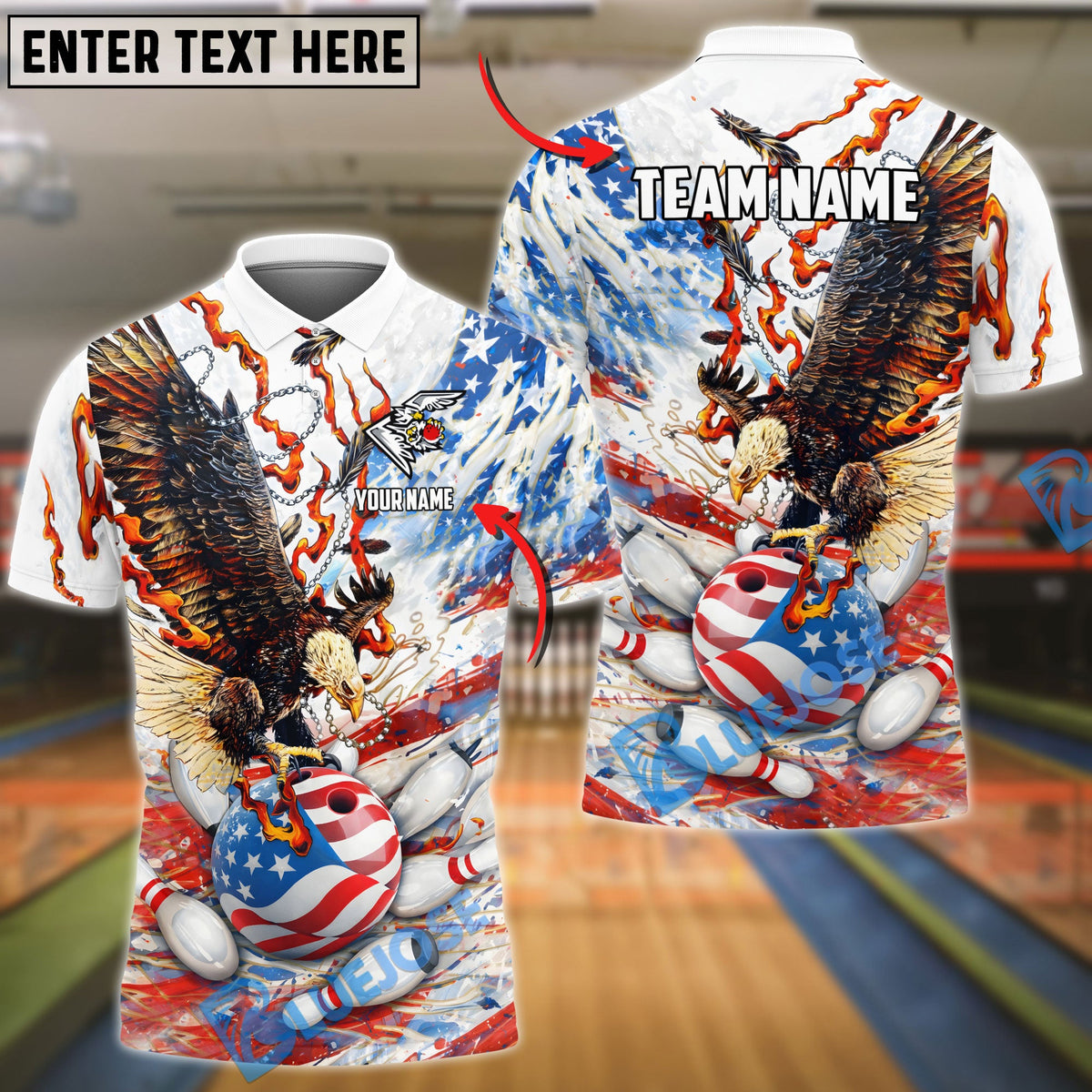 BlueJose Bowling Eagle USA Flag Bowling Ball &amp; Pins Flame Personalized Name, Team Name 3D Shirt