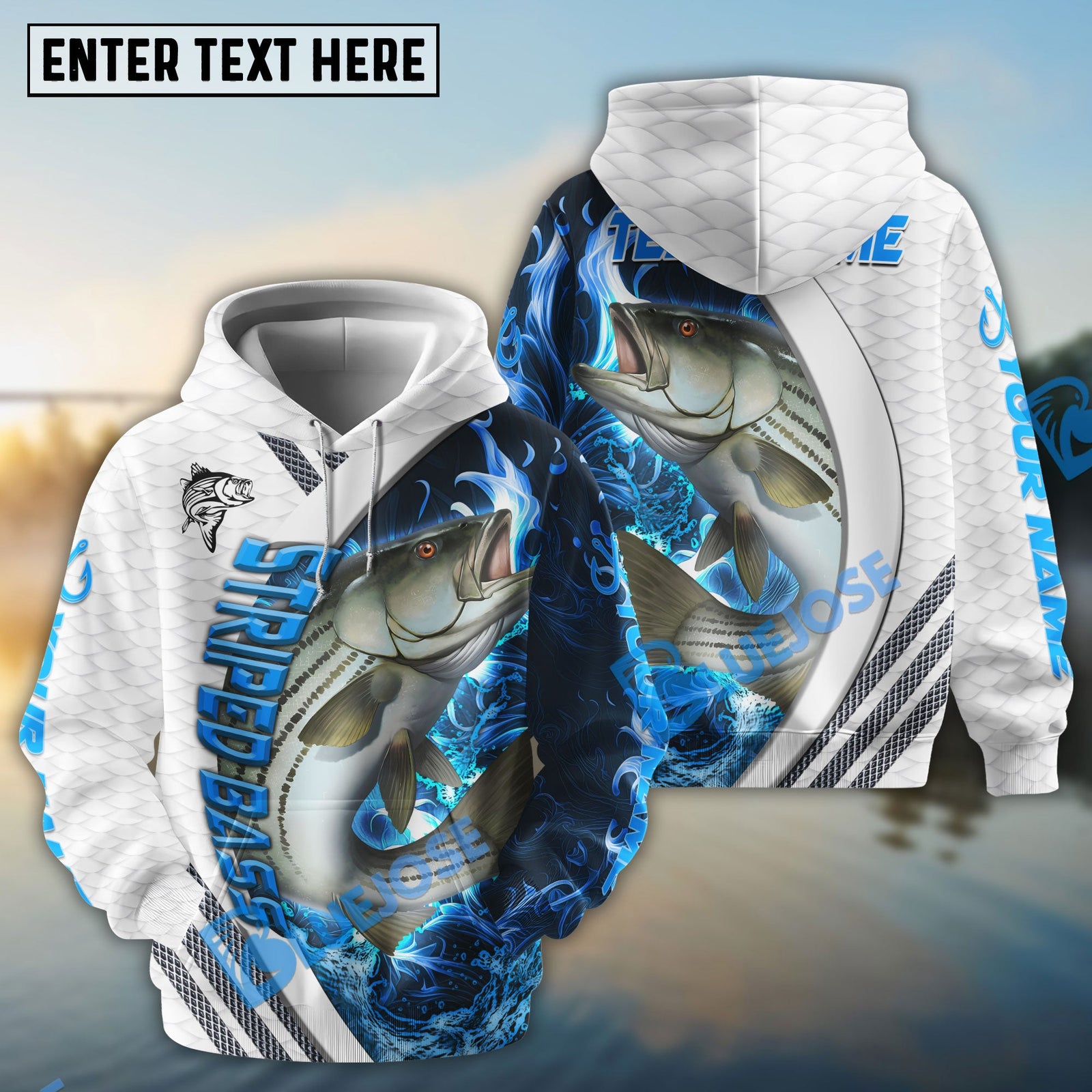 Bluejose Striped Bass Fishing White Blue Lava Sport Custom Name & Team Name 3D Shirts