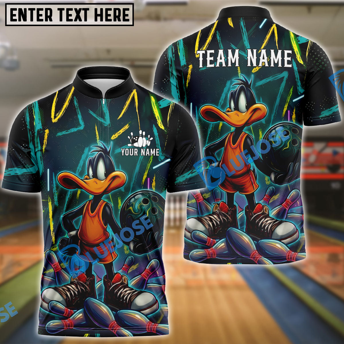 BlueJose Bowling And Pins Duck Neon Graffiti Strike Art Customized Name, Team Name 3D Shirt (4 Colors)