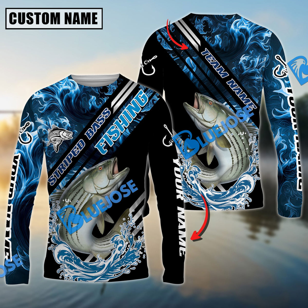 Bluejose Striped Bass Fishing Blue Smoke Water Pattern Custom Name &amp; Team Name 3D Shirts