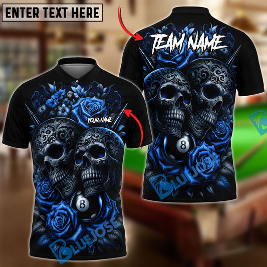BlueJose Billiards 8-Ball Gothic Skull & Rose Personalized Name Shirt (4 Colors)