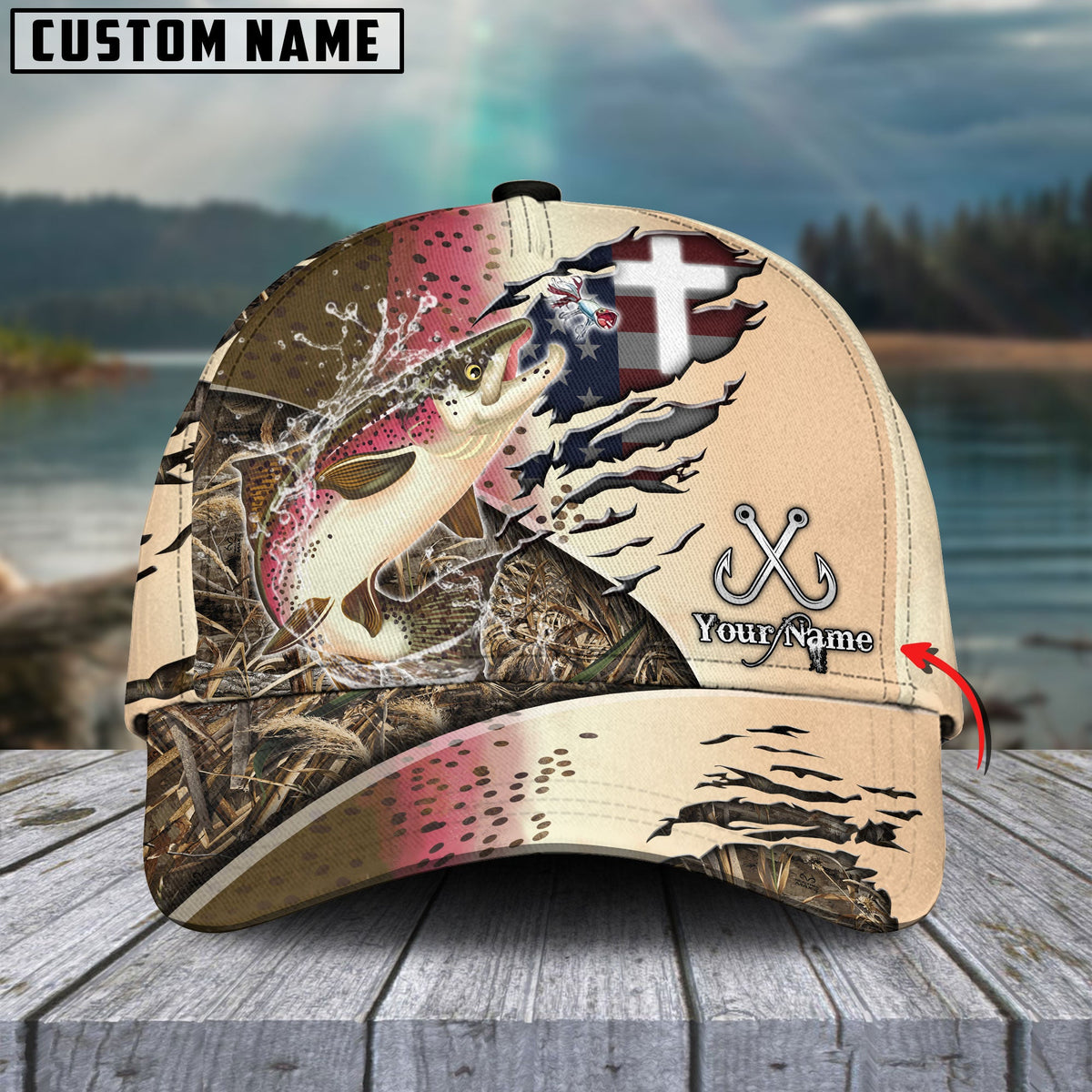 Bluejose Salmon Fishing American Flag &amp; Cross Design with Camo Personalized Cap