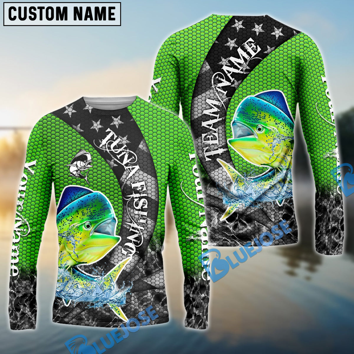 Bluejose Mahi-mahi Fishing American Flag Green Stars Custom Name &amp; Team Name 3D Shirts