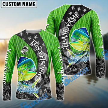 Bluejose Mahi-mahi Fishing American Flag Green Stars Custom Name & Team Name 3D Shirts