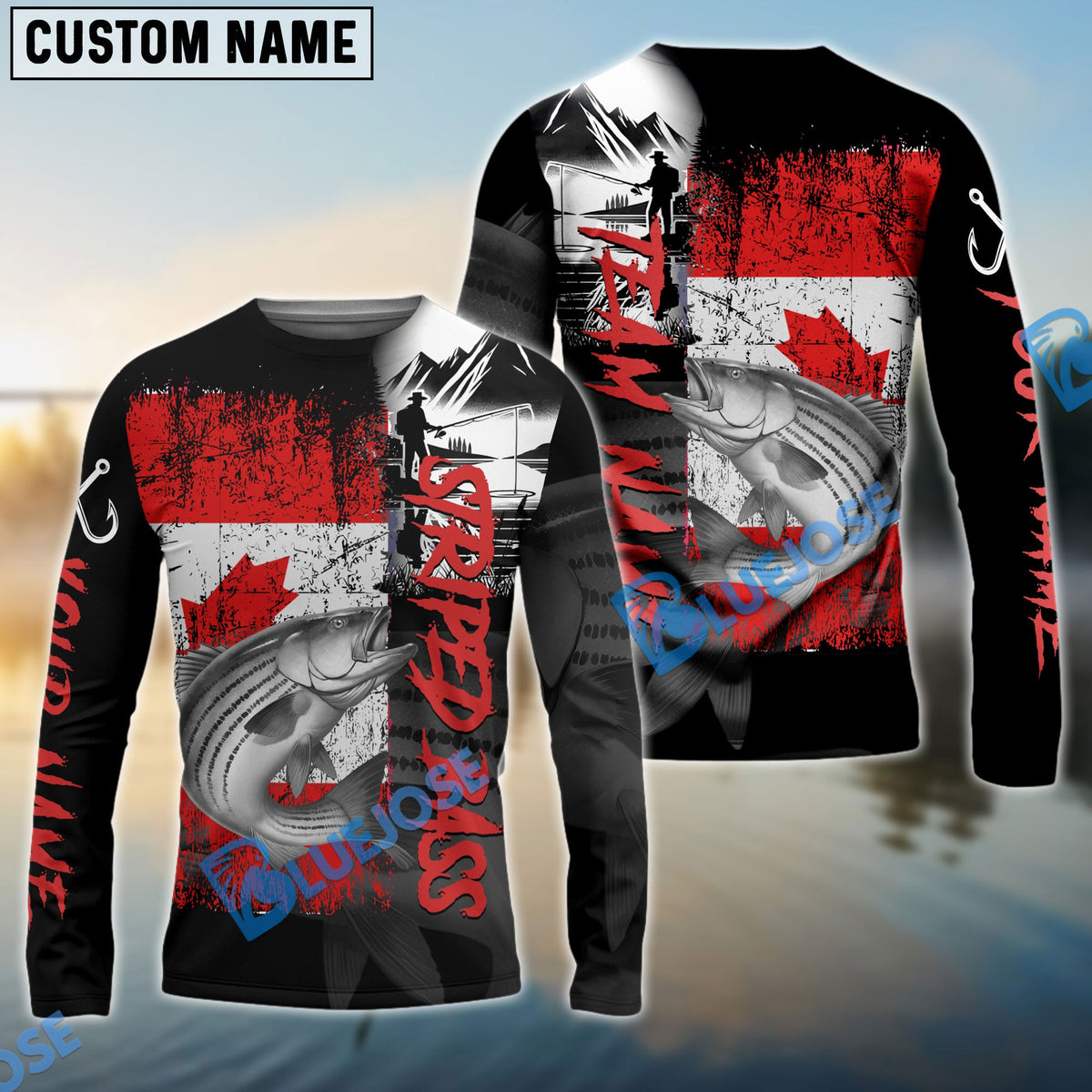 Bluejose Striped Bass Fishing Black Canada Flag Sport Custom Name &amp; Team Name 3D Shirts