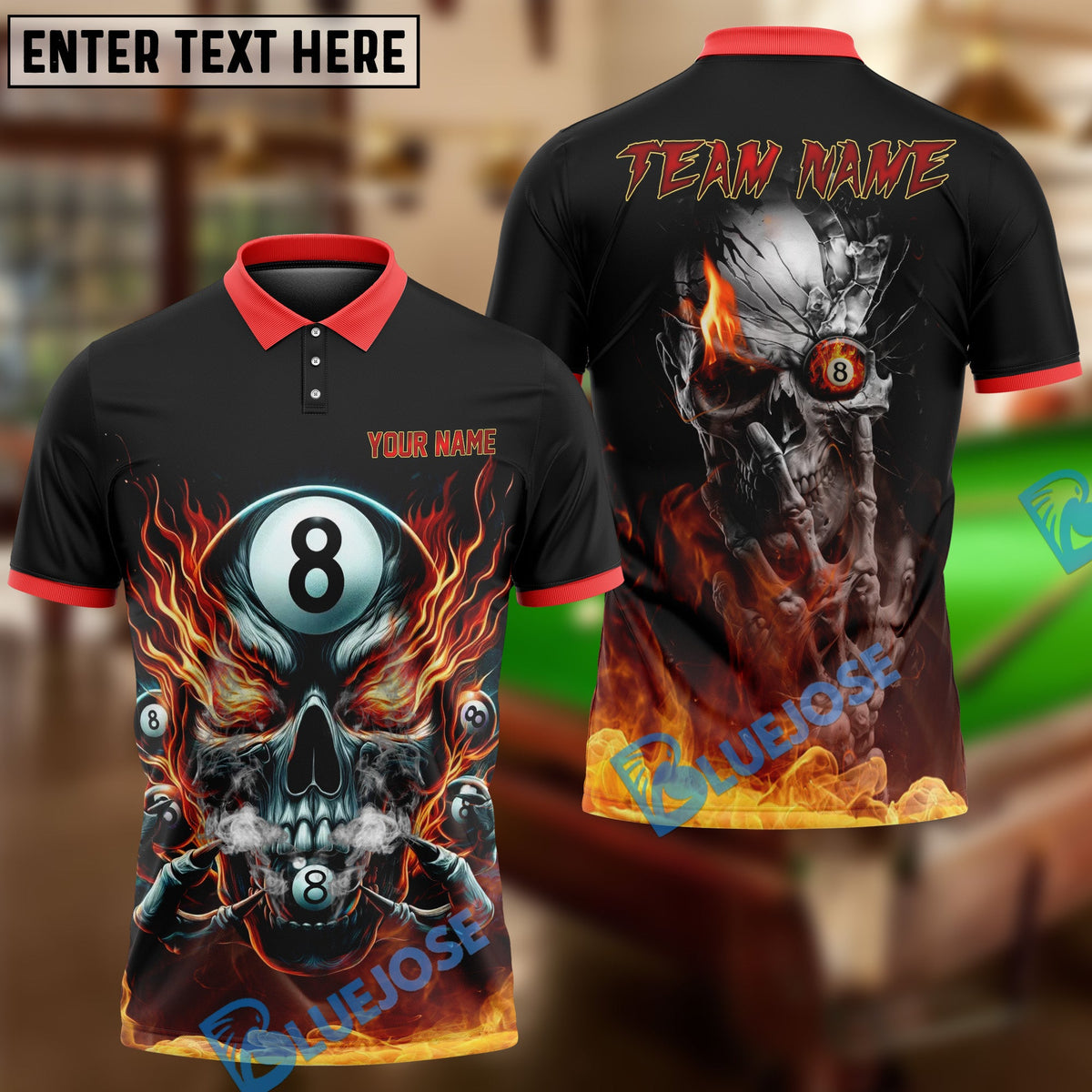 BlueJose Billiards Ball 8 Flame Eye Skull Personalized Name &amp; Team Name Shirt (4 Colors)
