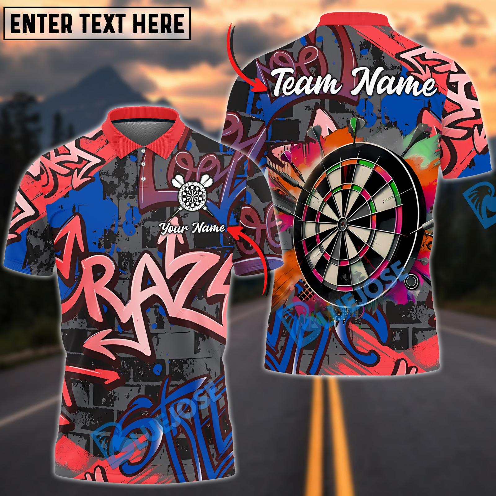 BlueJose Darts Colorful Graffiti Multicolor Options Personalized Name Shirt (4 Colors)