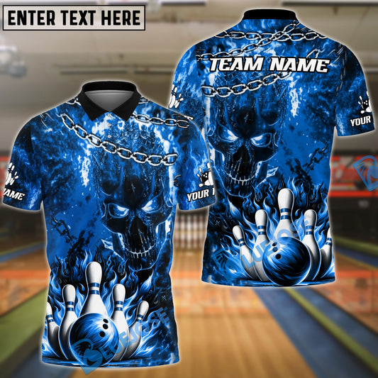 BlueJose Bowling And Pins Fiery Skull Chains Customized Name, Team Name 3D Shirt (4 Colors)