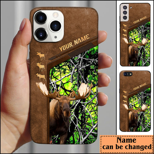 BlueJose Moose Hunting Premium Brown Pattern Personalized Name Phone Case (4 colors)