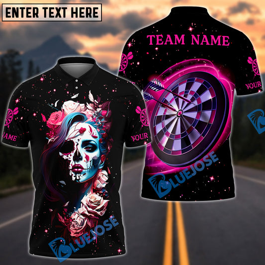 BlueJose Darts Rose Reaper Neon Skull Girl Customized Name, Team Name 3D Shirt (4 Colors)