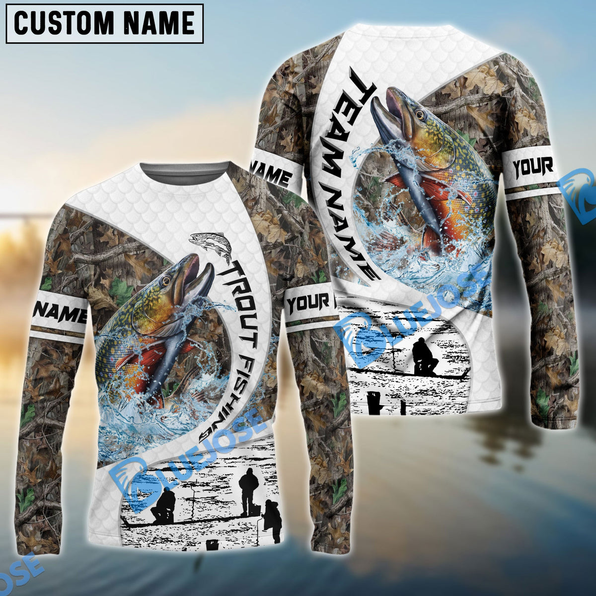 Bluejose Trout Fishing Camo Forest Scene Custom Name &amp; Team Name 3D Shirts