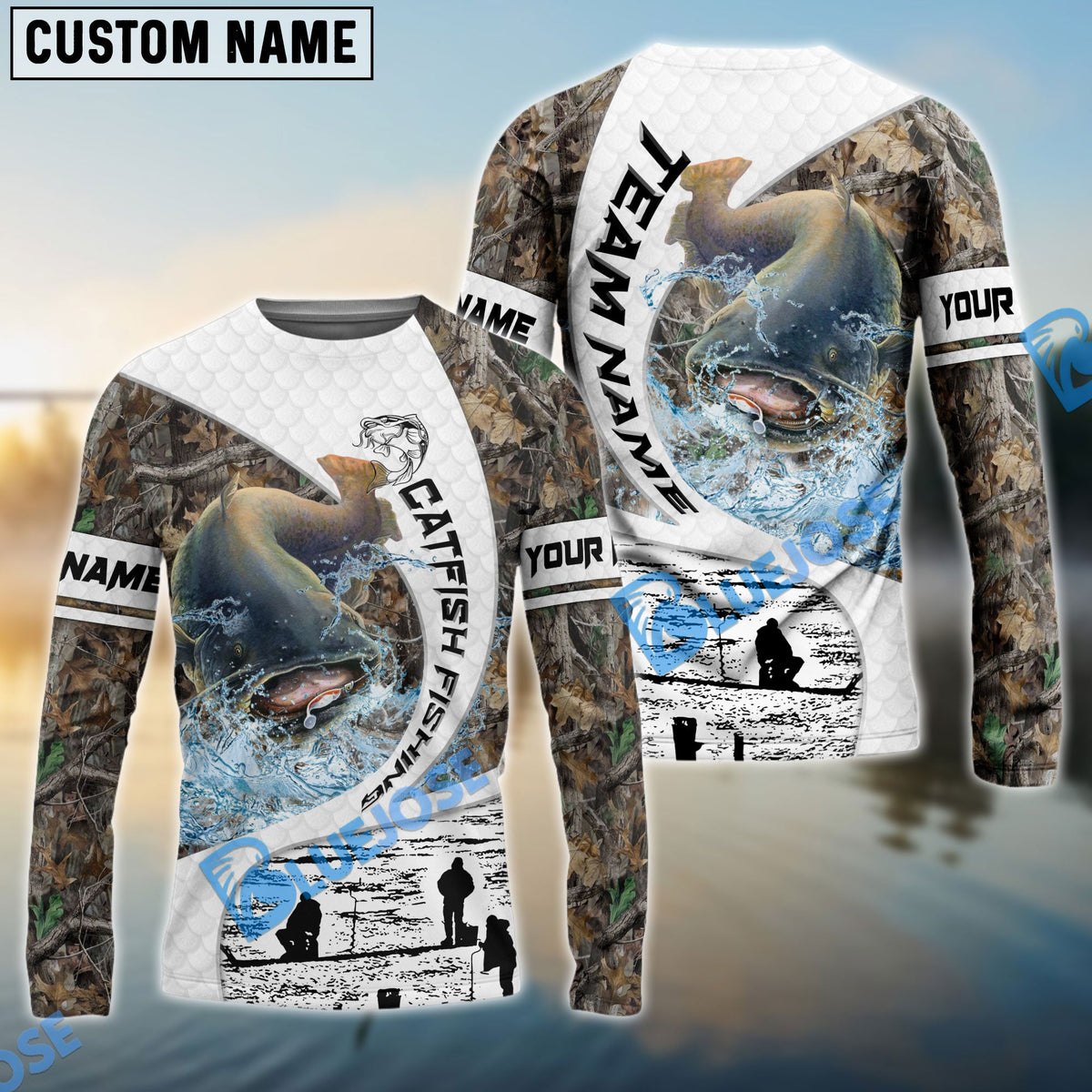 Bluejose Catfish Fishing Camo Forest Scene Custom Name &amp; Team Name 3D Shirts