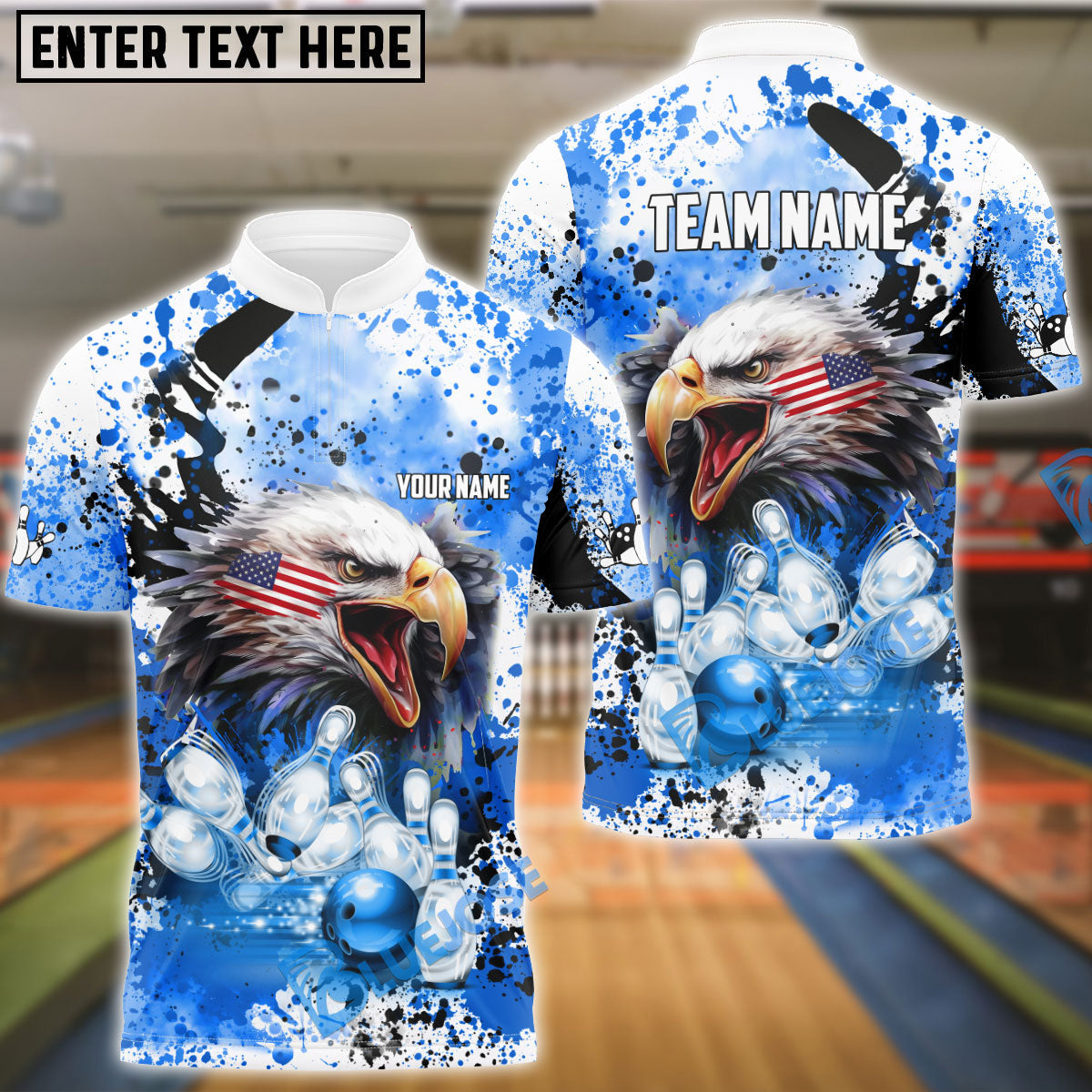 BlueJose Bowling And Pins Eagle American Flag Paint Pattern Customized Name Shirt (4 Colors)