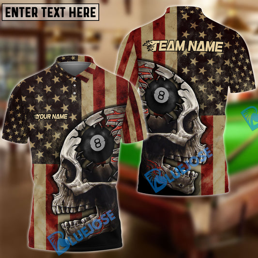 BlueJose Billiards Ball 8 Skull Retro Vintage Flag Personalized Name & Team Name Shirt (3 Colors)